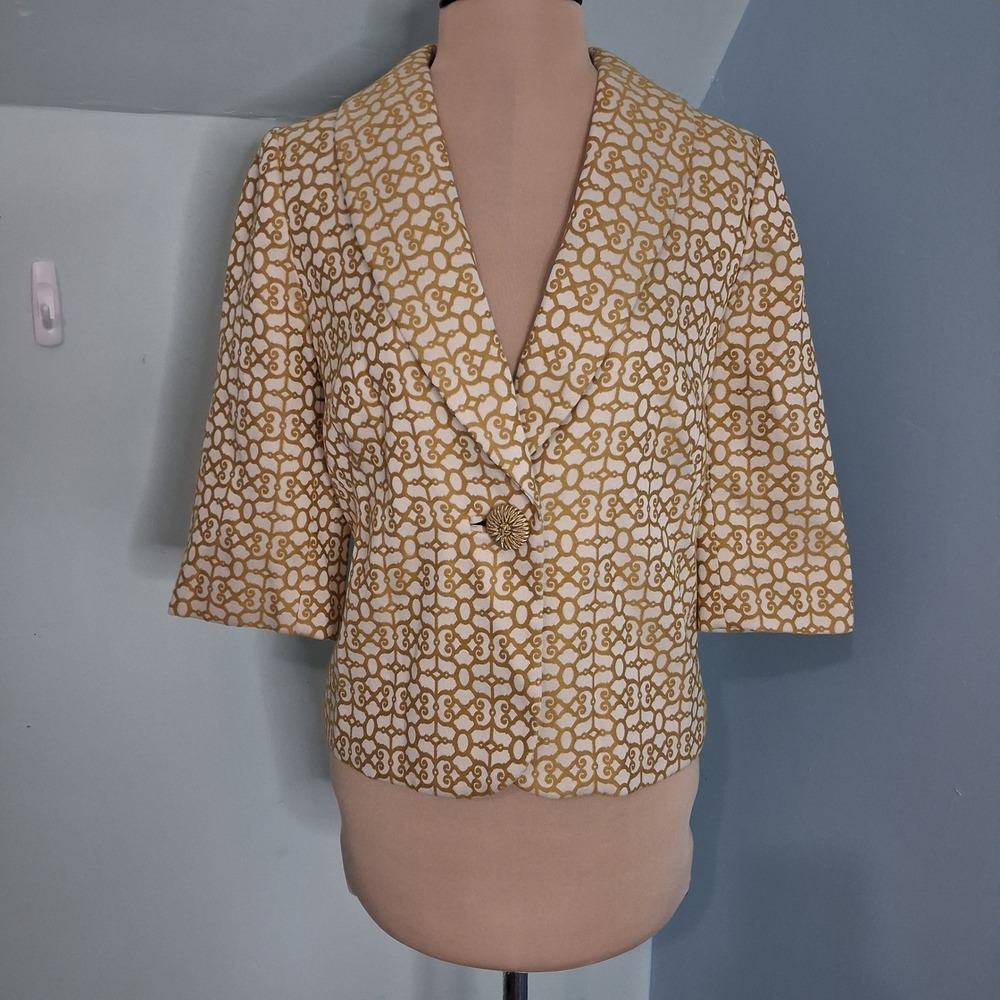 Milly of New York Gold White Jacquard Cropped Blazer Jacket Size 6 Old Money